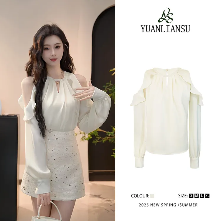 【玻璃泡沫】法式高级感圆领钉珠露肩长袖衬衫女