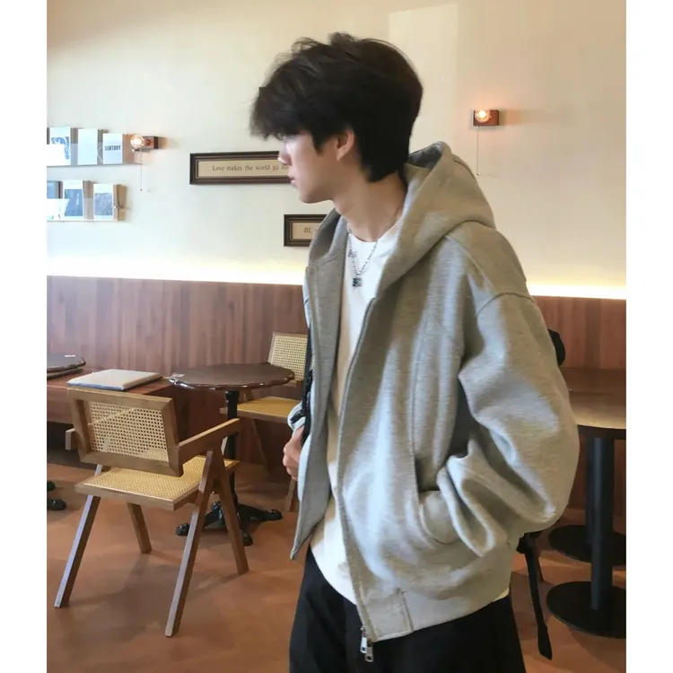 美式个性浅灰色开衫连帽卫衣男女秋冬季休闲百搭拉链情侣款外套潮