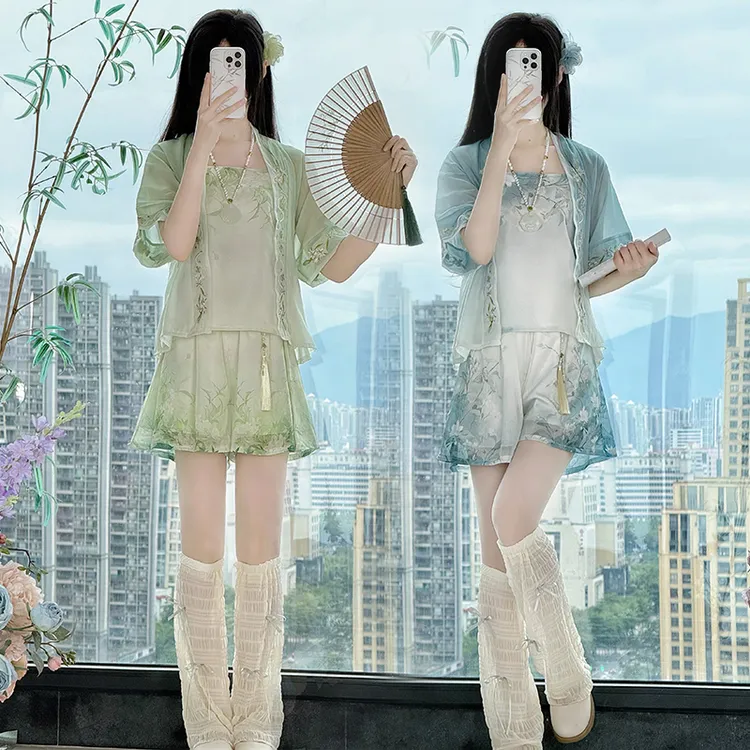 九笙原创【小西施】汉服女对襟宋制短衫短裤夏季新款吊带日常套装