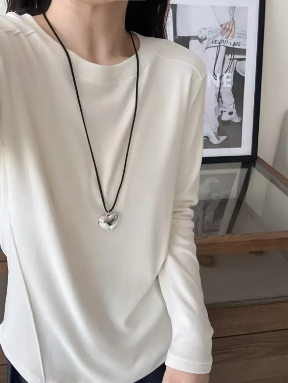 【茶芙巷】早秋衣新款德绒鱼骨拼接圆领长袖打底衫衣服小众【YJL】