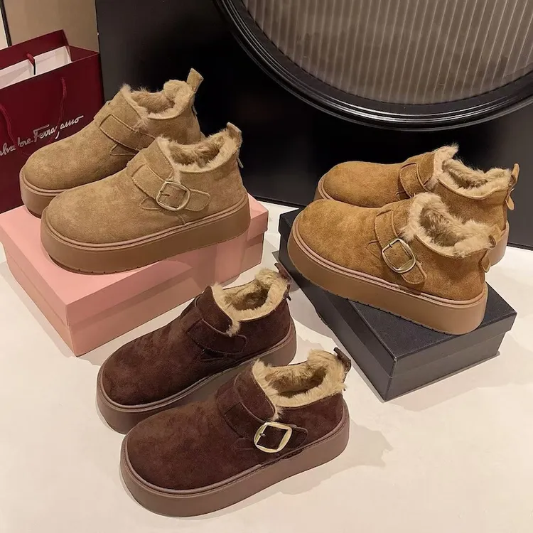 牛皮勃肯鞋女冬季加绒保暖搭子厚底一脚蹬毛毛鞋W-15