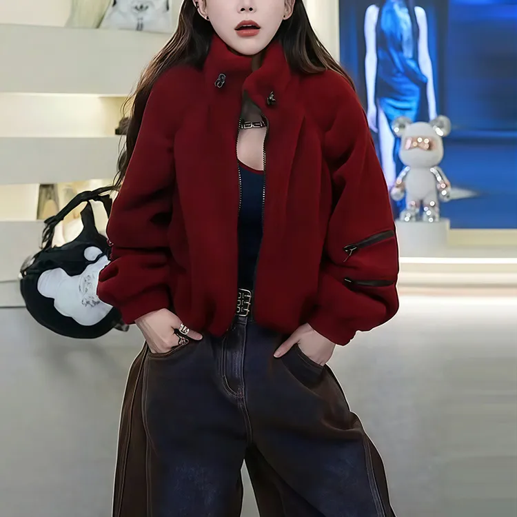 2025秋冬季新款女士宽松显瘦加厚立领短外套黑色爆款时尚上衣外套