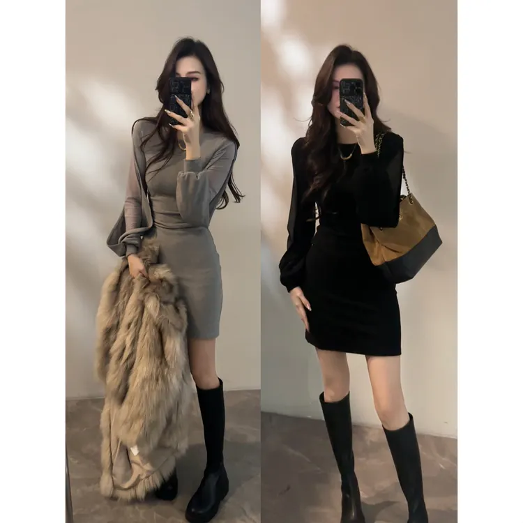 【大婷婷】灯笼袖褶皱冬季新款连衣裙显瘦小众设计感百搭裙子DT1853