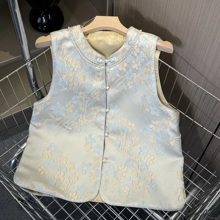 【落樱涧】秋冬两面穿织锦钉珠圆领新中式女装马夹百搭文艺国风马甲