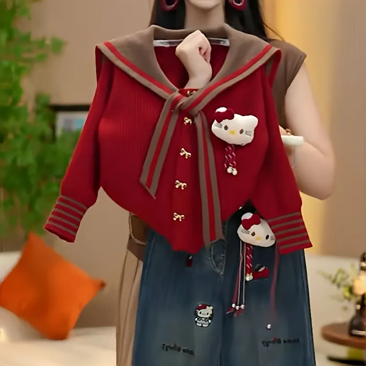 女童针织开衫套装春秋2025新款儿童秋装女孩KT猫牛仔裤两件套洋气