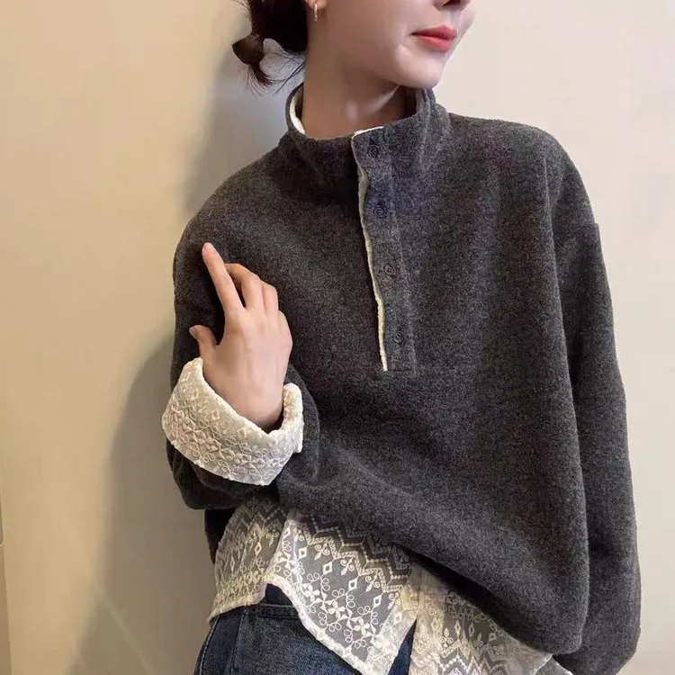欧洲站2025冬季新款欧货半开扣立领拼接蕾丝边袖口加厚假两件打底