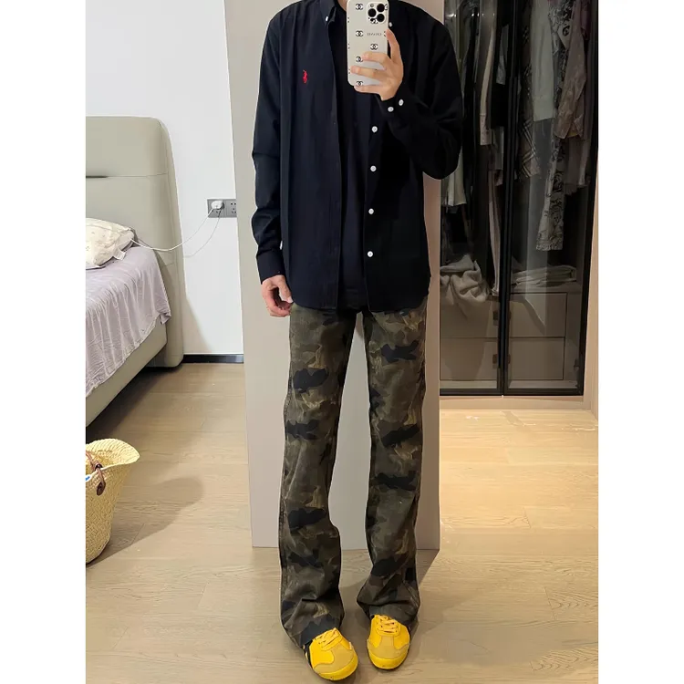 美式高街迷彩牛仔裤男秋季vibe风痞帅裤子cleanfit情侣休闲微喇裤
