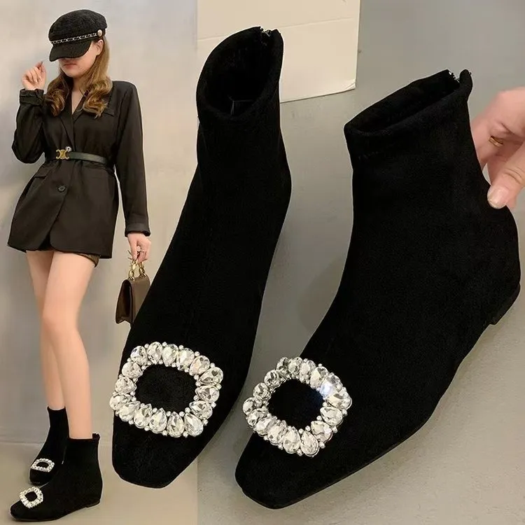 法式水钻绒面方头短靴显瘦秋冬季百搭韩版时装靴