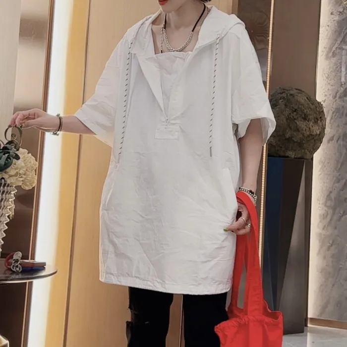 【芬芬姐精选】透气纯色拉链短袖连帽衬衫夏装百搭宽松夏季5991