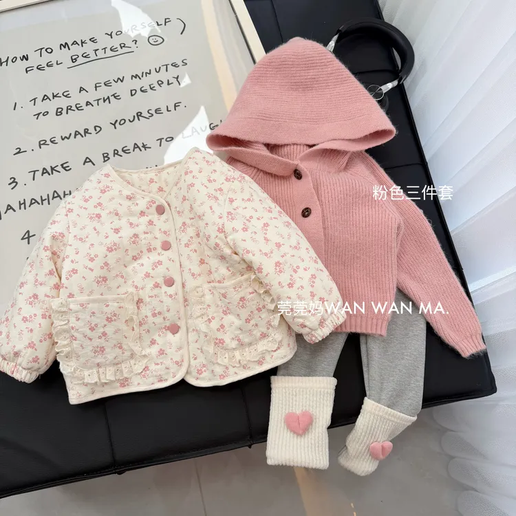 【三件套】小清新韩版碎花棉服加绒加款外套保暖冬款秋冬套装