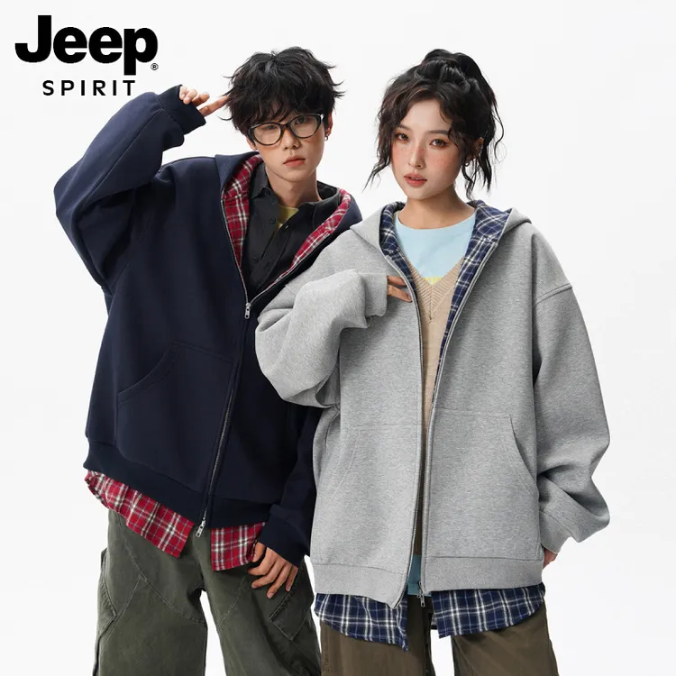 JEEPSPIRIT美式复古连帽卫衣男女秋格子拼接设计感外套宽松运