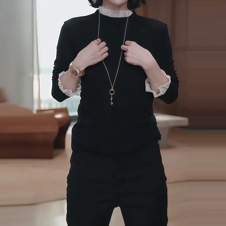 2026年早秋新款纯色立领长袖T恤女拼接时尚气质显瘦百搭打底上衣