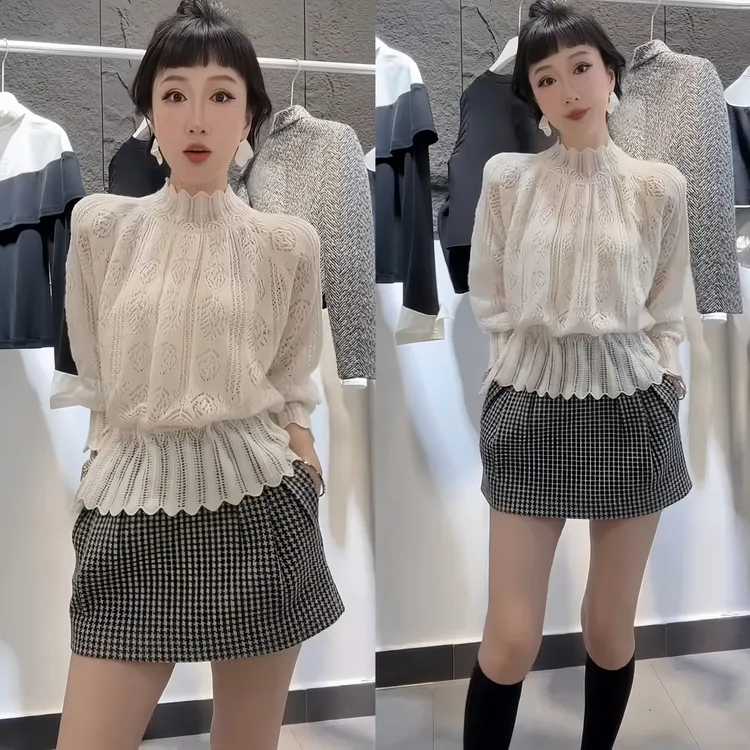 2025秋季新款镂空设计感法式毛针织衫显瘦千鸟格时尚半身裙套装女