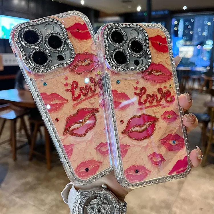 适用苹果系列iPhone16新款手机壳小众口红love扭边钻框闪钻镜头膜