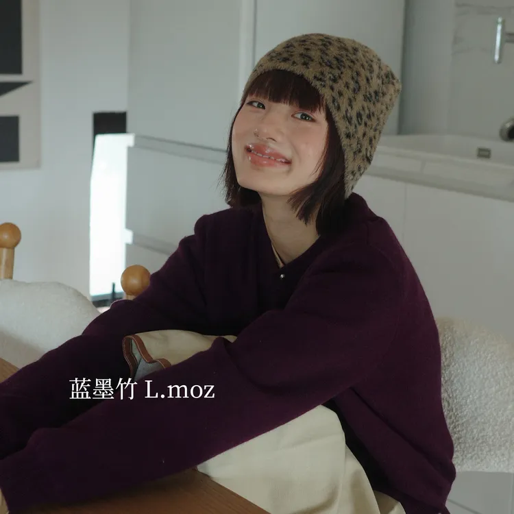 蓝墨竹L.MOZ豹纹毛绒帽子女冬季保暖防风护耳帽韩版显脸小包头帽