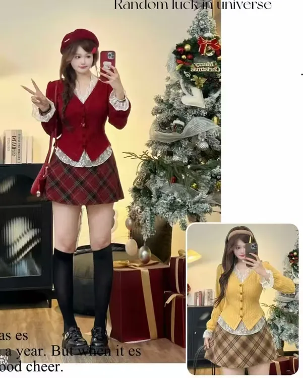 2025秋冬洋气时尚新款欧货氛围感复古大码上衣+格子裙套装9859