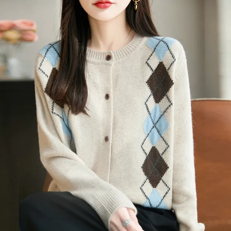 韩版菱形格子开衫女款洋气减龄秋冬毛衣外套拼色设计师款针织上衣