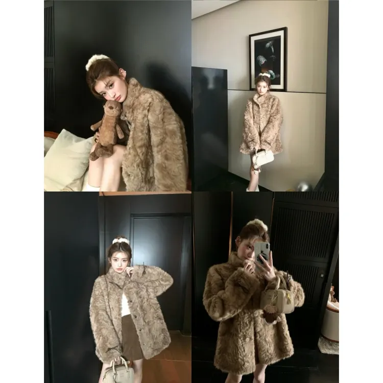 小熊心事 立领染尖环保皮毛一体外套女冬季慵懒休闲加厚毛毛大衣
