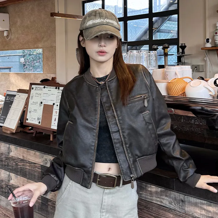 手工擦色美式短款机车皮衣夹克女新款复古拉德外套皮夹克百搭上衣