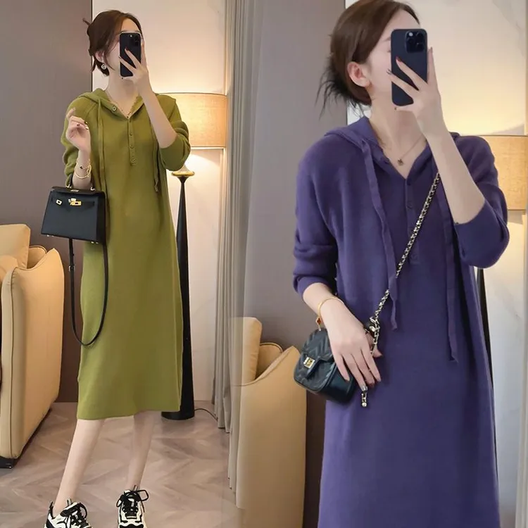 春季新款复古时尚洋气女休闲简约连帽针织裙潮纯色减龄百搭直筒裙