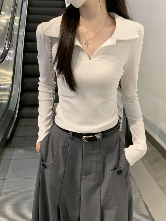 bm风辣妹修身气质Polo领收腰短款长袖打底上衣女秋季2026内搭T恤