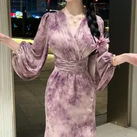 LHMknk1活动画报夫人原创约会日常温柔喇叭袖连衣裙 紫海神明少女