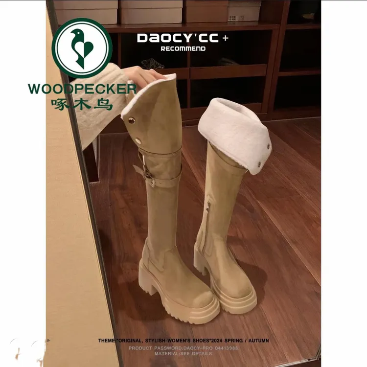 啄木鸟厚底增高7CM过膝长靴女靴冬季加绒美拉德时尚两穿翻折长靴