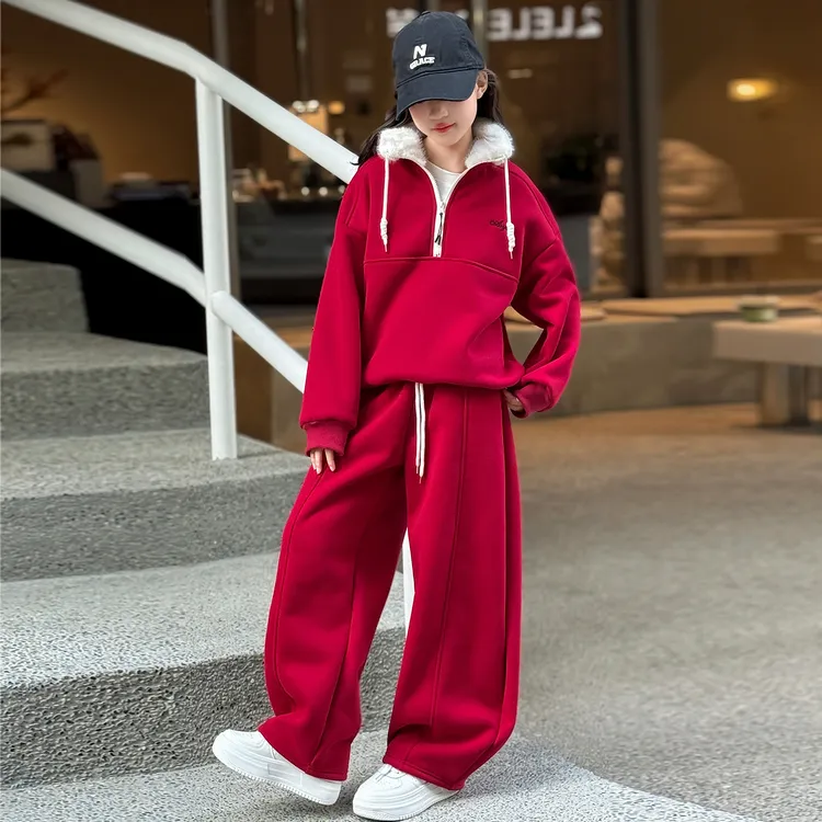 女童巨好看冬装套装初中生女孩时尚洋气加绒加厚外套红色过年衣服