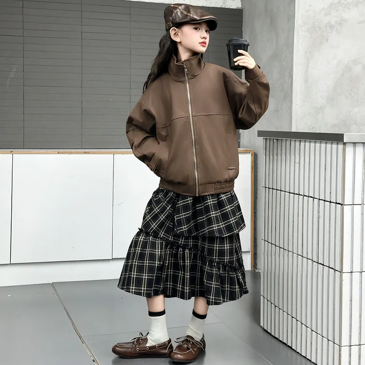 女童秋季韩范皮衣外套中大童春秋时尚秋装上衣格子半身裙两件套装
