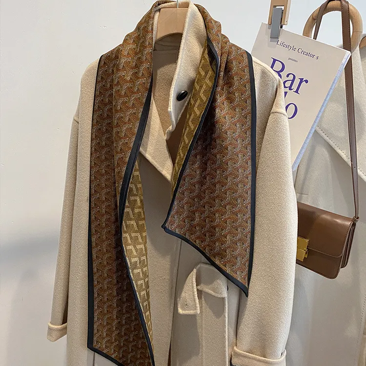 复古气质轻奢春秋季薄款围巾女长款大飘带时尚丝巾百搭格纹领巾