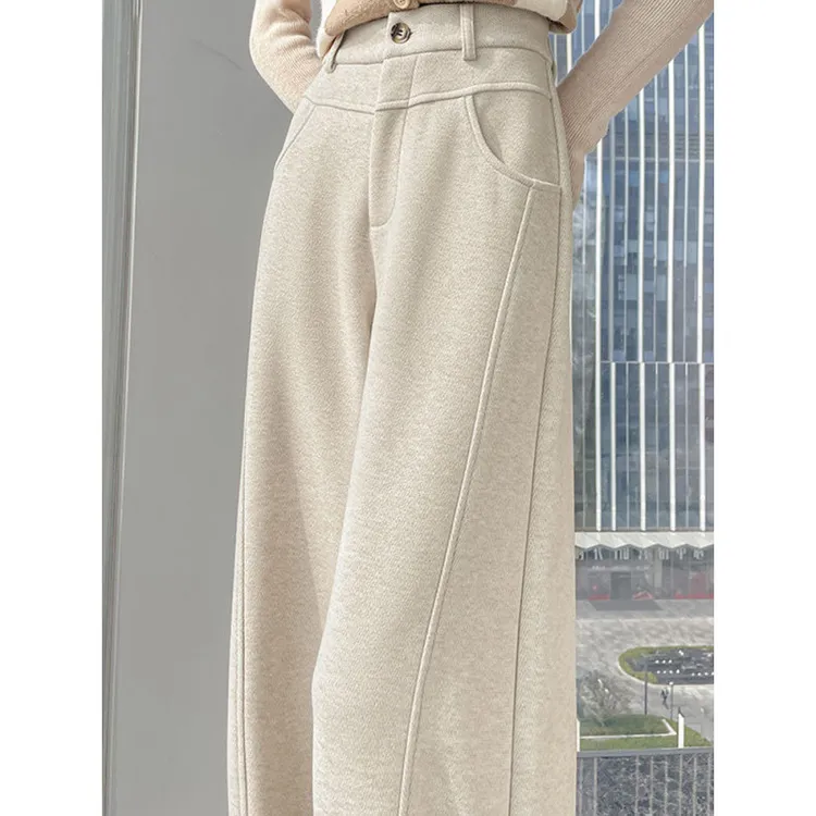 秋冬毛呢阔腿裤女人字纹2025年新款高腰百搭休闲裤宽松加厚直筒裤