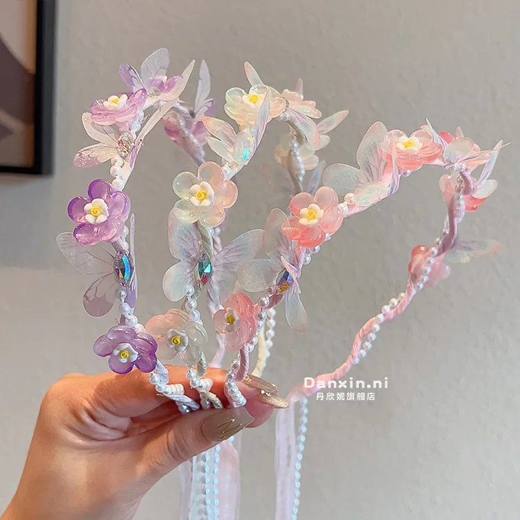 儿童花环飘带编发头箍女童2025新款蝴蝶发箍女孩汉服甜美珍珠发箍