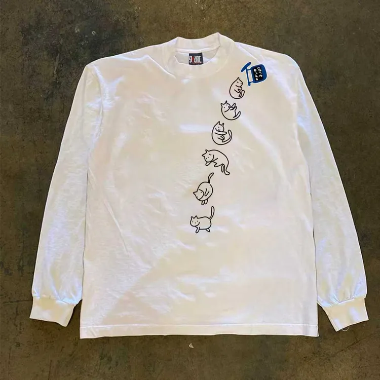 美式纯棉设计感猫咪印花带螺口长袖T恤男女同款春秋潮牌ins打底衫