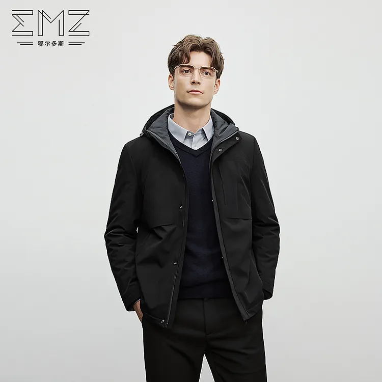 EMZ鄂尔多斯【白鹅绒填充 兔毛内胆】秋冬男士休闲连帽中长款外套