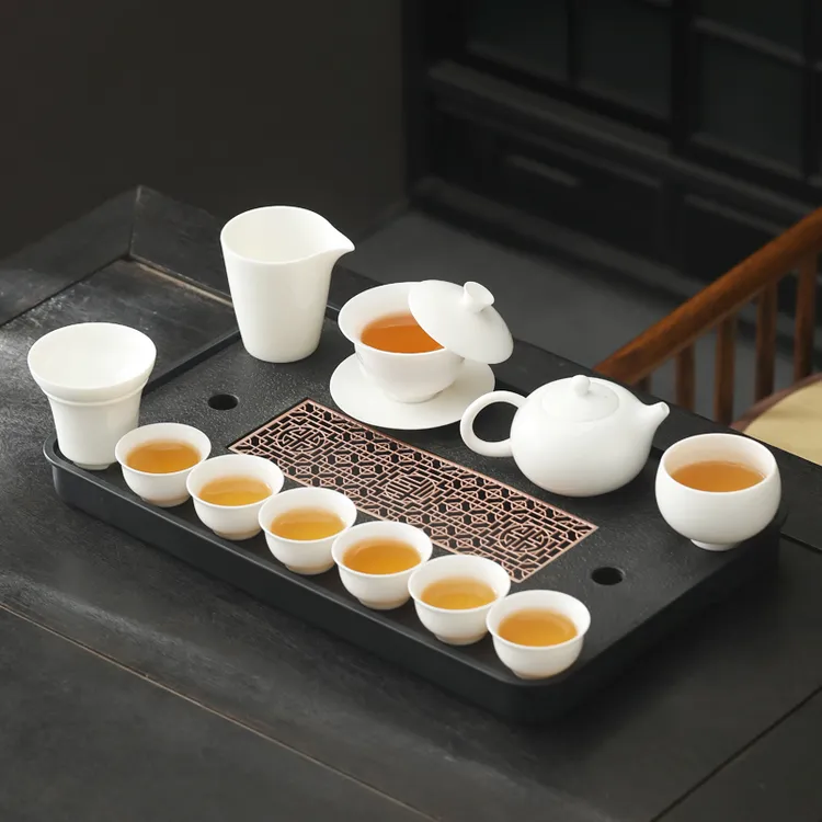 纯白悬停盖碗陶瓷功夫泡茶杯器具套装高端全套办公室家用茶盘整套