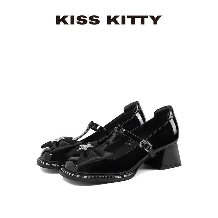 Kiss Kitty牛皮蝴蝶结玛丽珍高跟鞋25年秋季显瘦T字带通勤时装鞋