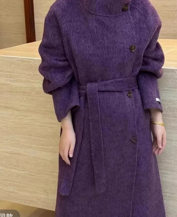 2025秋冬苏力长款秋冬极简风毛呢外套厚款女立领紫色双面羊毛大衣
