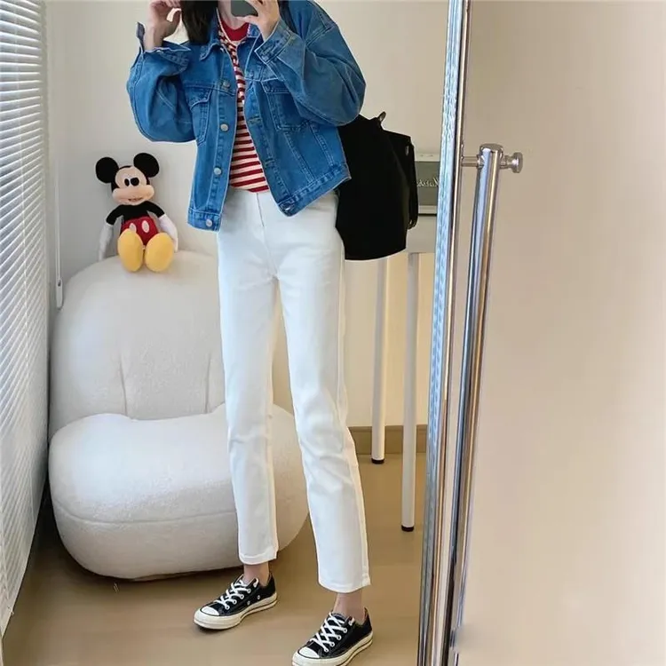 高腰烟管白色直筒牛仔裤2025年秋冬新款显瘦遮胯弹力小个子九分裤