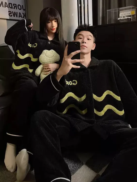 珊瑚绒情侣睡衣女秋冬季加厚保暖法兰绒男士简约可外穿家居服套装