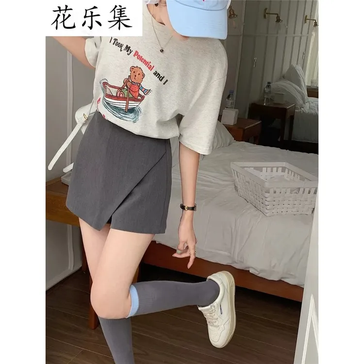 花乐集夏季韩版新款高腰不对称包臀裙裤女字小个子拉链短裤子
