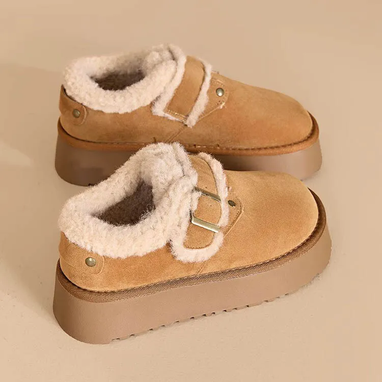 秋冬新款加绒保暖勃肯鞋复古棕色平底鞋毛毛鞋雪地靴女懒人鞋