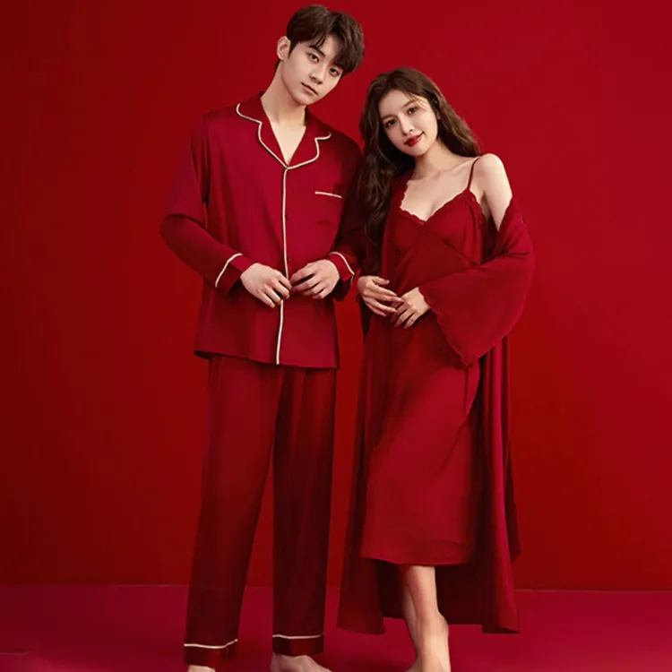 两套价红色结婚新婚冰丝情侣睡衣一男一女夏季短袖睡衣结婚情侣款