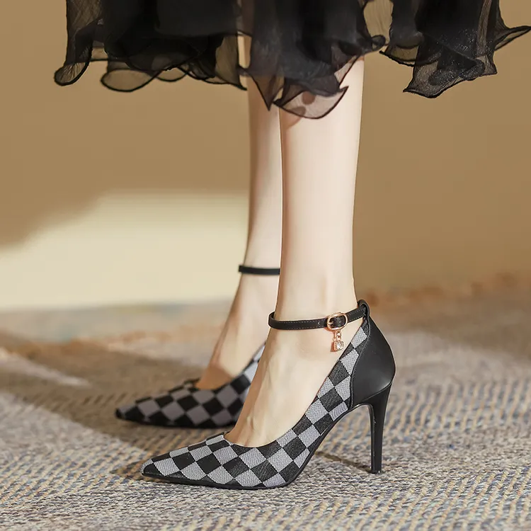 羊皮版~细跟高跟鞋黑色高跟鞋脚宽脚肥高跟鞋夏季春季单鞋女外穿