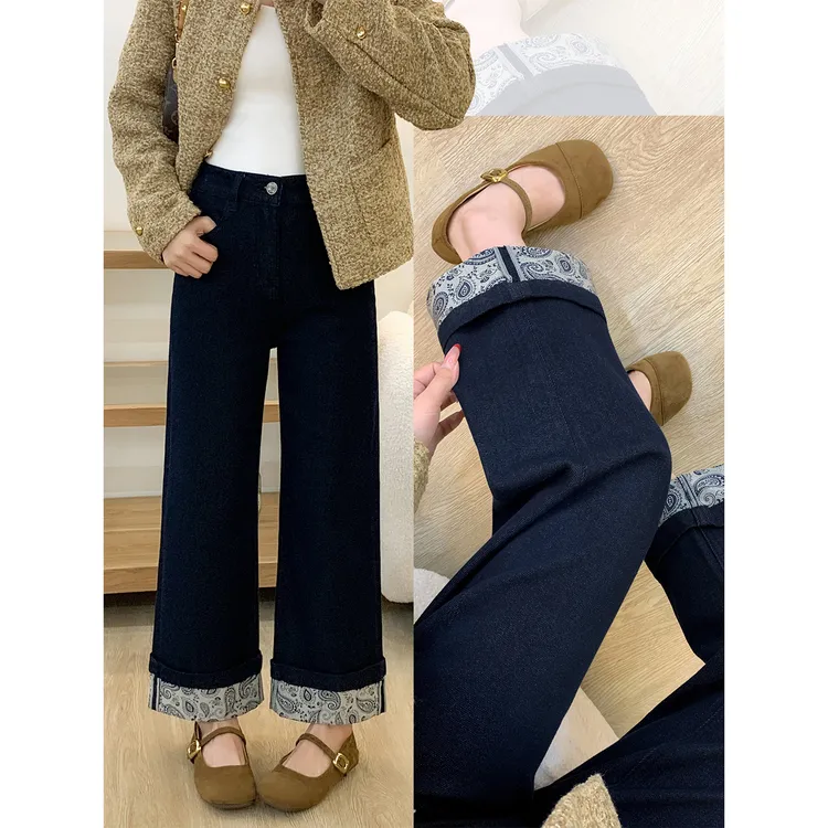 印花卷边黑金色直筒牛仔裤女新款秋季胖mm梨型身材高腰宽松阔腿裤