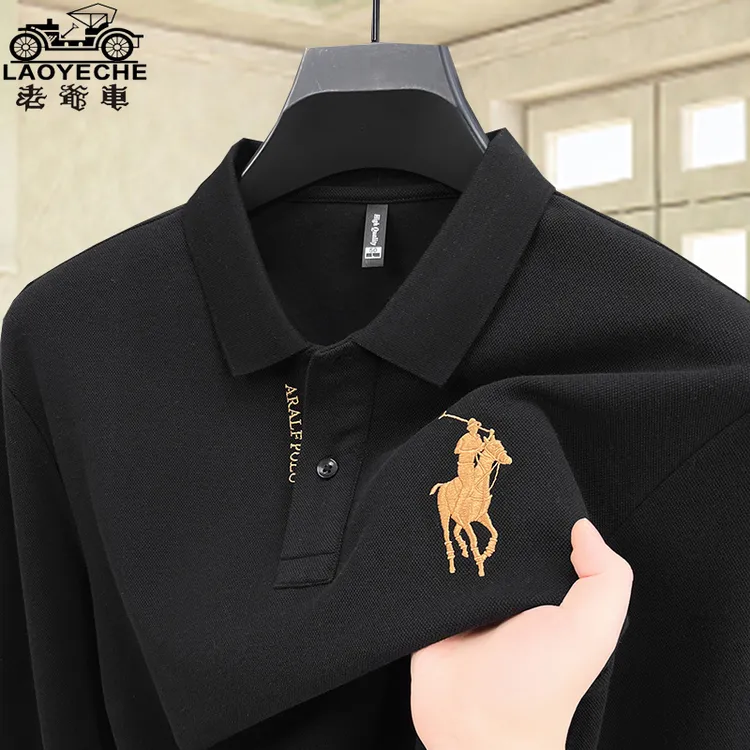 老爷车春秋男士长袖纯棉T恤翻领打底衫t中年商务休闲百搭宽松薄款