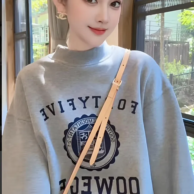 美式复古半高领字母加奥利绒卫衣 