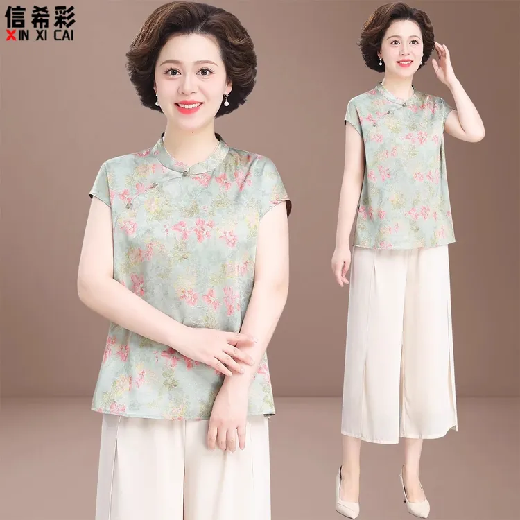 新中式妈妈装夏装雪纺小衫端庄大气中老年人夏季套装女中国风上衣