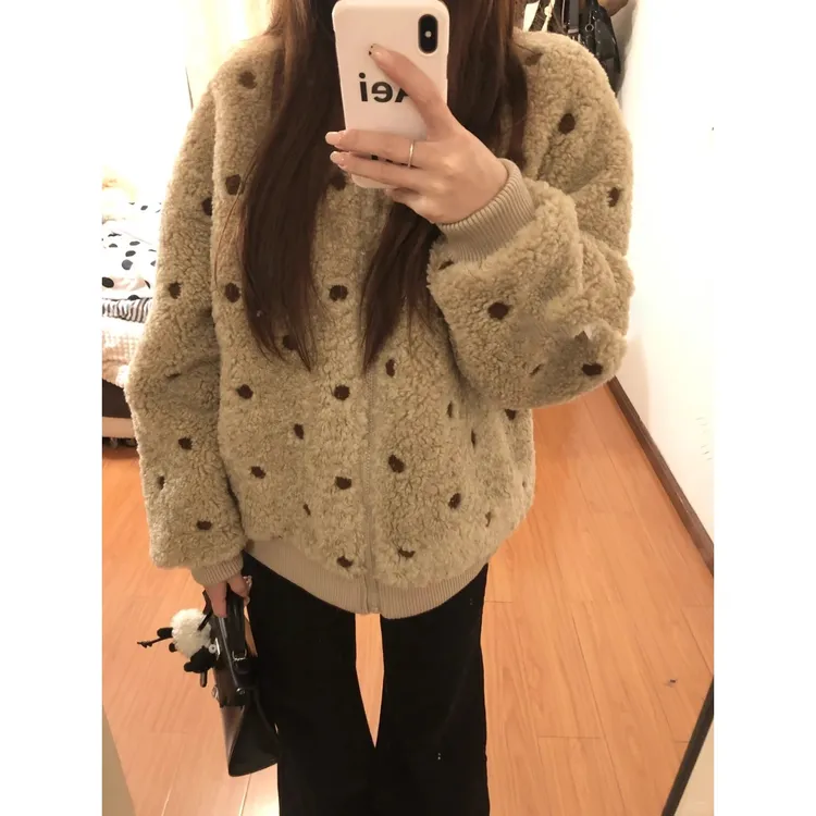 慵懒风毛茸波点羊羔毛厚外套女冬季2025新款休闲宽松百搭毛绒上衣