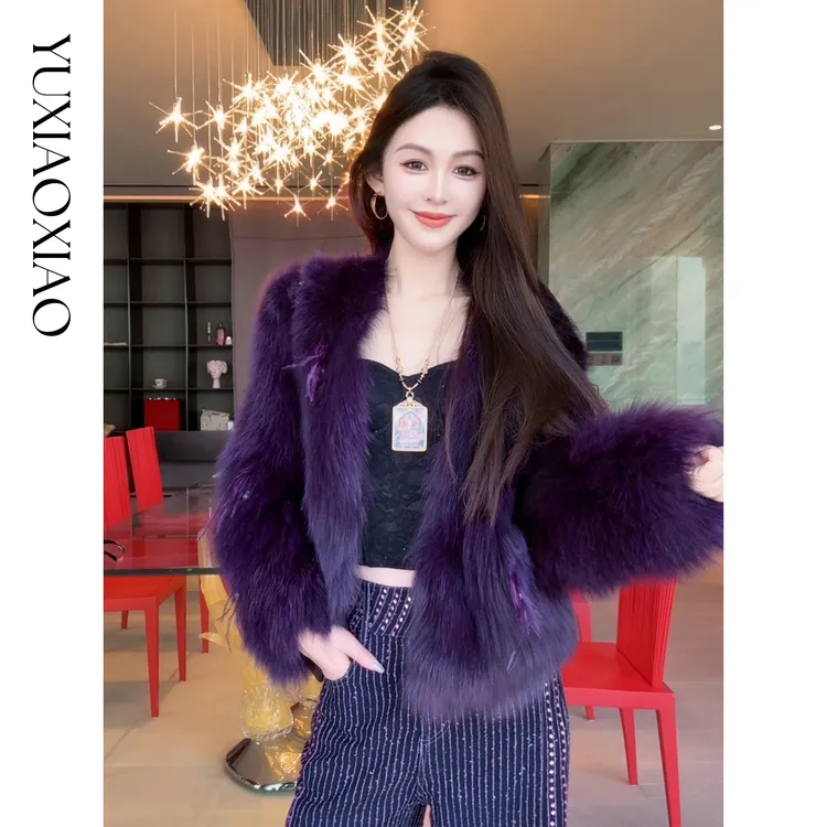 余潇潇【魅惑甜心】重工高级感定染色拼接绵羊皮小V领狐狸皮草