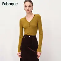 Fabrique Vivi 秋冬新品芥末黄绿绵羊毛纽扣V领法式复古针织上衣
